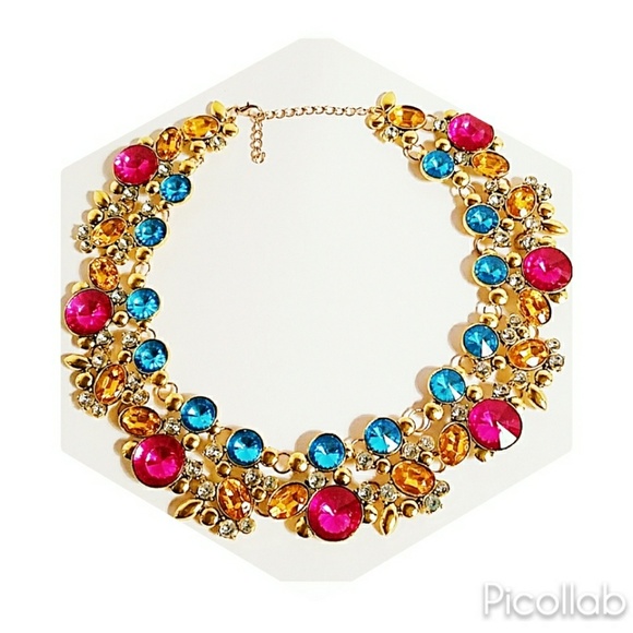 Burnished Gold Multi Color Crystal Necklace - Picture 4 of 5